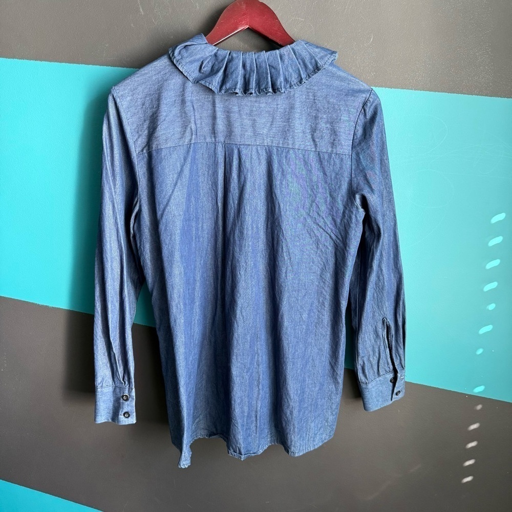 Elegant Ruffled Blue Button Down Shirt - Picture 2 of 10